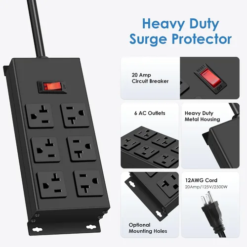 Vista 6 de JUNNUJ Regleta de alimentación resistente de 20 amperios, garaje 6 salidas de metal calibre 12, protector de sobretensiones 3000J, adaptador 5-15P