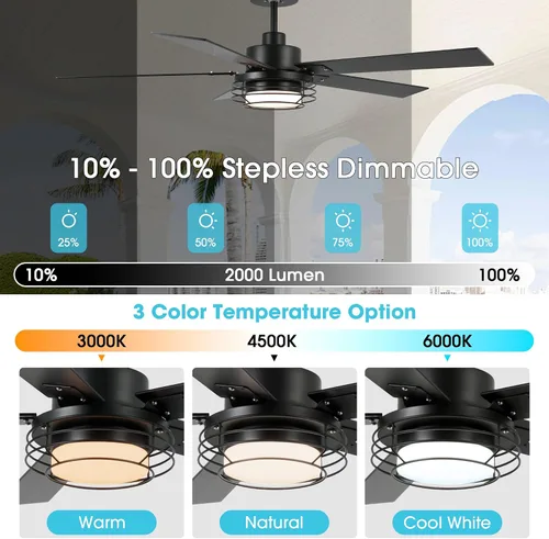Vista 6 de Ventiladores de techo con luces y control remoto, ventilador de techo de granja de 52 pulgadas para dormitorio, sala de estar, patios, ventiladores
