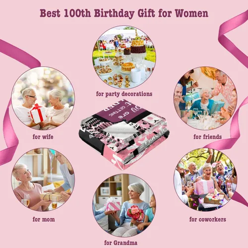 Vista 7 de Ivivis Regalos de 100º Cumpleaños para Mujeres Manta 60"x50", Suministros de Decoraciones para Fiesta de 100º Cumpleaños, Regalos de Feliz 100º