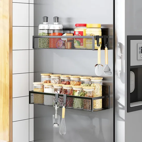 Vista 8 de Aufworld Estante magnético para especias para refrigerador, paquete de 2 estantes magnéticos, organizador magnético para refrigerador con 4 ganchos