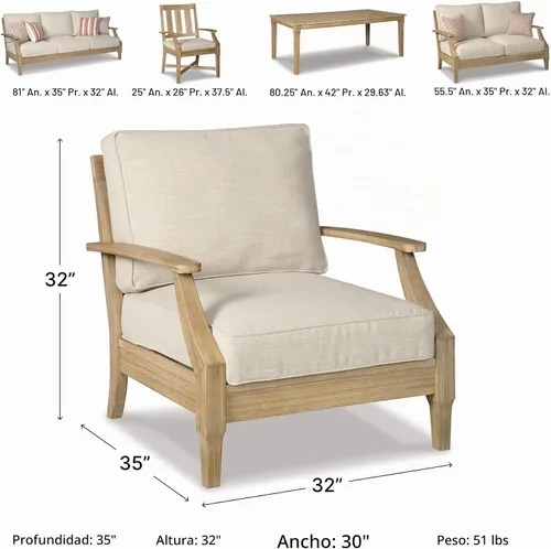 Vista 3 de Signature Design by Ashley Clare View - Silla de salón para exteriores, cojín de espuma para todo tipo de clima, acabado protector, madera