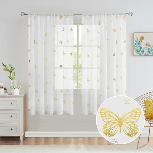 Vista 27 de Jubilantex Paneles de cortinas transparentes de mariposas negras y doradas de 52 pulgadas de ancho para dormitorio de niñas, elegantes cortinas