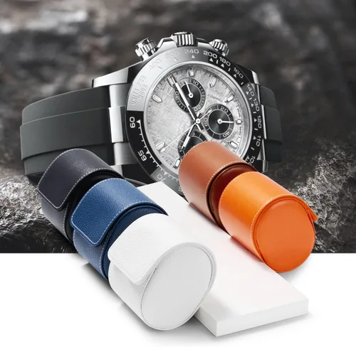 Vista 7 de Oirlv Caja de reloj de viaje de cuero de lujo caja de reloj individual para hombres y mujeres portátil joyería reloj organizador de rollo (azul)
