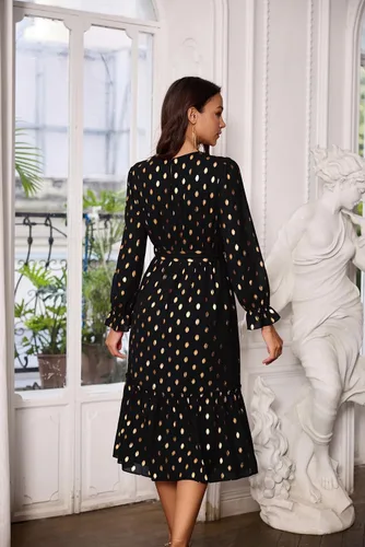 Vista 3 de GRACE KARIN Vestido de verano con cuello en V y mangas con volantes para mujer, vestido midi con vuelo y escalonado, vestido de cóctel