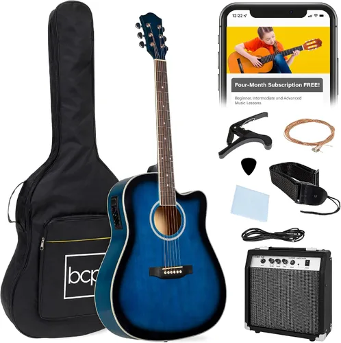 Vista 14 de Best Choice Products Juego de iniciación de guitarra acústica y eléctrica para principiantes con 41 pulgadas, diseño de corte total en madera, bolsa