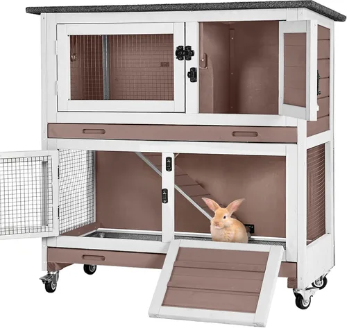 Vista 7 de Aivituvin Rabbit Hutch - Jaula de conejito para interiores y exteriores, 2 pisos, casa de mascotas, jaula de conejillo de indias con ruedas, 36