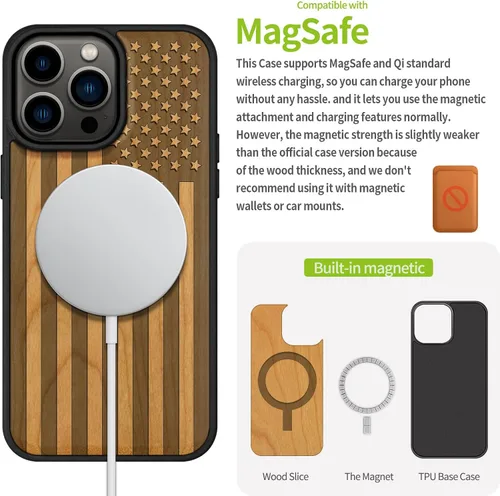 Vista 5 de Carveit - Funda de madera para iPhone 15 Pro Max, la clásica bandera americana, color cereza Magnetic iPhone 15 Pro Max Case Compatible with