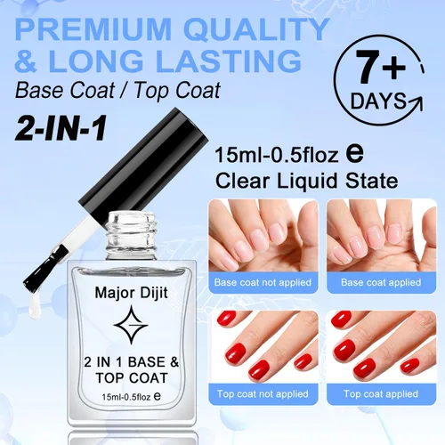 Vista 4 de Major Dijit Esmalte de uñas transparente 2 en 1 base y capa superior – Secado rápido, larga duración, fórmula protectora de alto brillo – 0.5 onzas