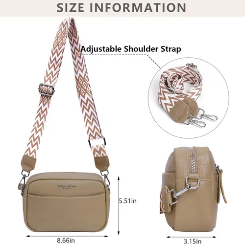 Vista 6 de Bolso cruzado para mujer, cuero auténtico, correa ancha, bolso de hombro, diseño moderno, bolso cruzado con cremallera superior