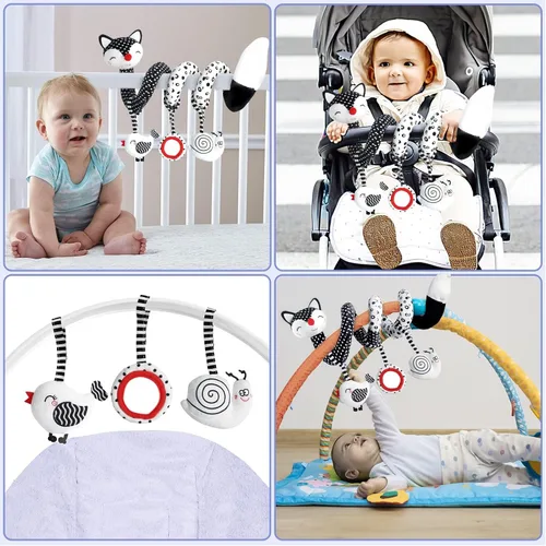 Vista 5 de XIXILAND Juguetes de peluche en espiral para bebé, juguetes de asiento de coche en blanco y negro, juguete de alto contraste para bebés recién