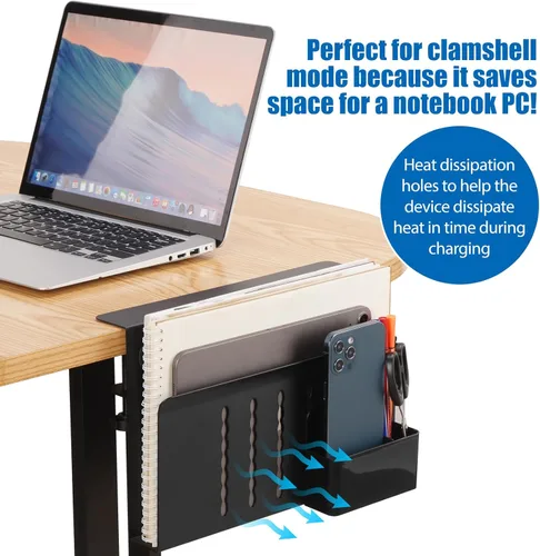 Vista 3 de Almacenamiento lateral de escritorio, soporte para laptop debajo del escritorio, organizador de archivos colgante lateral de mesa, sin abrazadera