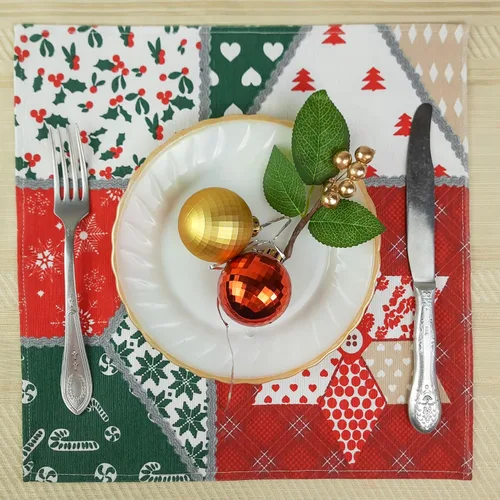 Vista 8 de Christmas Print Napkins Set of 10, Red and Green Christmas table decor, fabric dinner table napkins with Christmas Simbols, Farmhouse Christmas