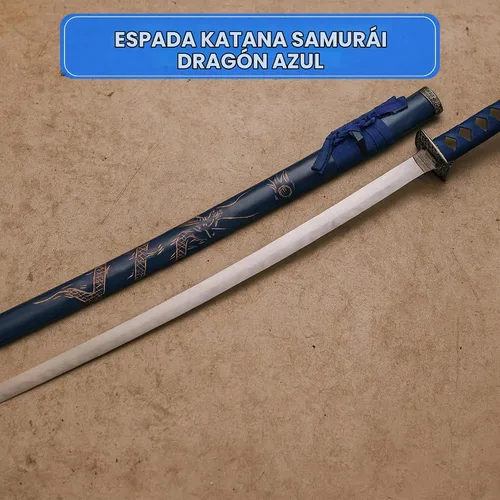 Vista 5 de SZCO Espada Katana Samurai de dragón azul de 40 pulgadas, hoja de acero al carbono con vaina de madera, mango envuelto en cordón, espada ninja