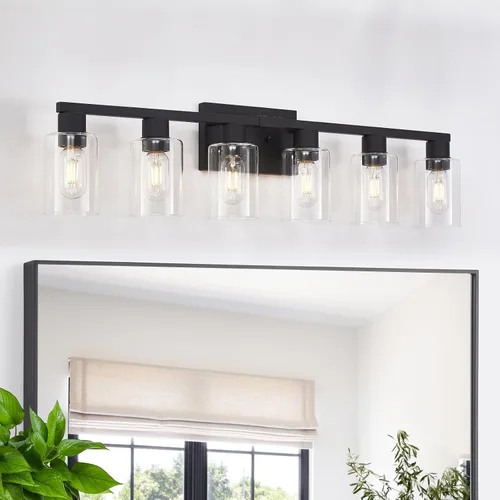 Vista 13 de Lámpara de tocador de baño de 4 luces, lámparas de baño negro mate con pantalla de vidrio transparente, 4 luces de tocador, accesorios