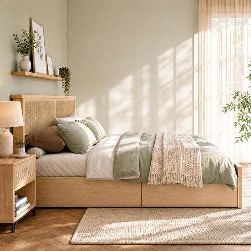 Vista 8 de Yechen Marco de Cama Queen con Cabecera de Ratán Natural y 4 Cajones de Almacenamiento de Madera, Plataforma de Metal con Fuerte Soporte de Listones