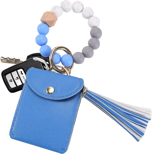 Vista 4 de Llavero de pulsera, pulsera de silicona con cuentas de llavero con tarjetero elástico para mujer