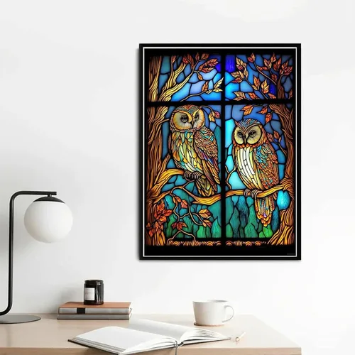 Vista 2 de YEEIFFD Kits de pintura de diamantes de búho de vidrieras, arte de diamantes para adultos, pintura de gema 5D, búho con diamante por número