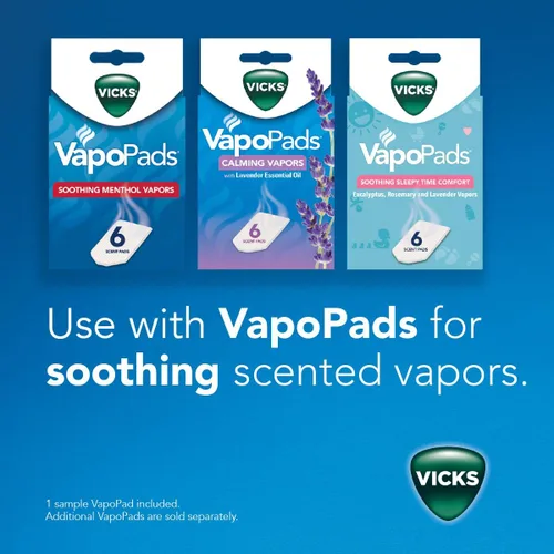 Vista 3 de Vicks Vaporizador Avanzado de Vapores Calmantes Sin Agua con Luz Nocturna y VapoPads para Ayudar a Aliviar las Molestias de Resfriados y Gripe, 1