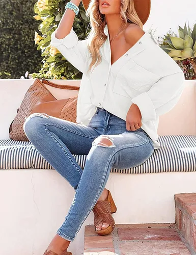Vista 3 de Mingzhu Blusa de gasa con botones de algodón de gran tamaño para mujer, con cuello y manga larga