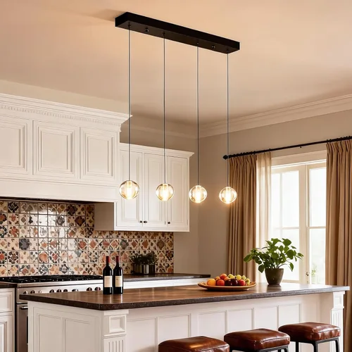 Vista 17 de Lámparas colgantes de oro cepillado de 4 luces para isla de cocina moderna, lámparas colgantes de globo de cristal para comedor sobre mesa, lámparas