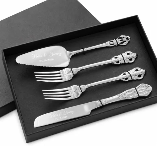 Vista 10 de callie Juego de 2 tenedores de boda personalizados con fecha, regalos grabados para novios, novios, tenedores de cubiertos vintage de acero