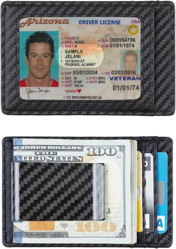 Vista 8 de Travelambo Clip para dinero para hombre, de piel, delgado, minimalista, con bloqueo RFID (tejido negro), Tejido negro, Minimalista