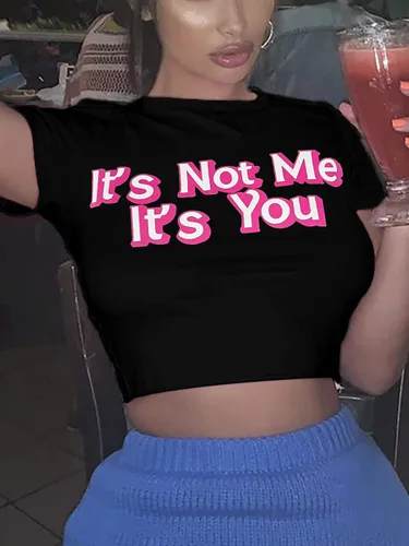 Vista 6 de Hilinker Camiseta corta de manga corta con cuello redondo y estampado de letras para mujer