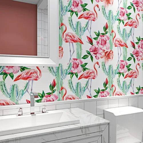 Vista 4 de ReWallpaper Papel tapiz de flamenco rosa con cactus tropical, para despegar y pegar, extraíble, de 17.5 x 10 pies, papel de contacto floral
