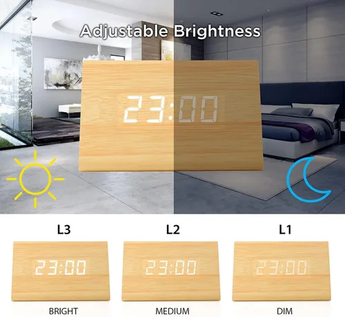 Vista 3 de Moderno reloj despertador con indicador de temperatura y calendario con diseño triangular de madera con luces led. Gearonic TM.