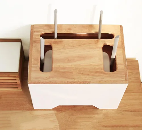 Vista 6 de Cable Organizer Box Double-Layer Wooden Router Storage Box Home Office Handmade Cable Tidy Box with Removable Partitions Desktop Tidy Power Strip