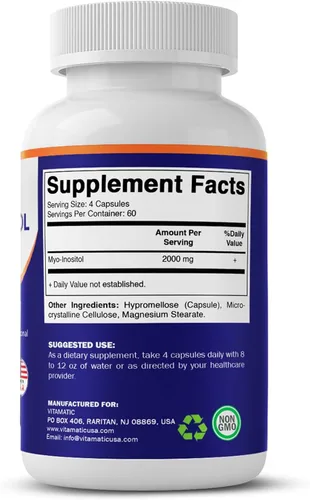 Vista 8 de Vitamatic Myo-inositol 2000 mg por porción – 240 cápsulas vegetales – 60 porciones – Sin OMG, sin gluten – Fabricado en Estados Unidos
