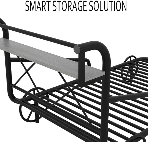 Vista 4 de Cama individual para automóvil con 4 ruedas, barandillas, estante de almacenamiento para niños, adolescentes, niños y niñas, marco de cama