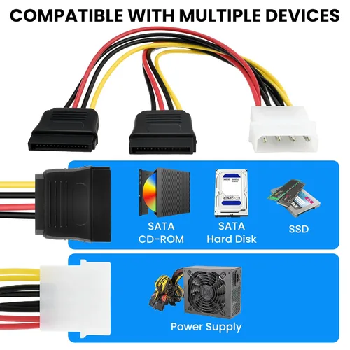 Vista 7 de SDTC Tech Cable adaptador de divisor de alimentación SATA dual de 4 pines macho IDE Molex a 15 pines hembra 18AWG cable de extensión de disco duro