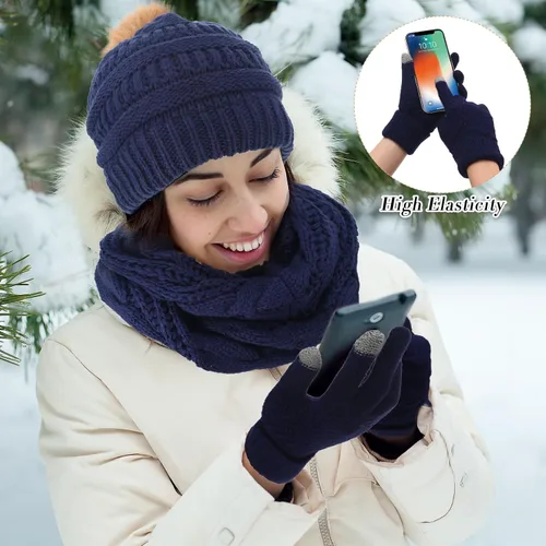 Vista 4 de 12 Pcs Winter Women Beanie Hat Scarf Glove Set Knitted Cap Neck Warmer Touchscreen Glove Comfortable Soft Warm Set