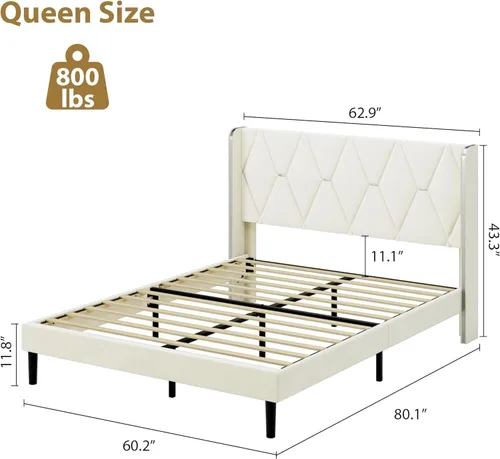 Vista 2 de GAOMON Base de cama Queen, plataforma de terciopelo con cabecera con respaldo de ala, marco de cama tapizado, soporte de listones de madera maciza