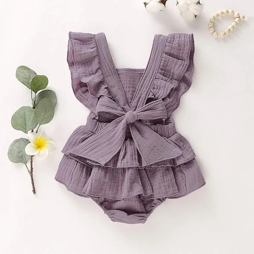 Vista 2 de Douhoow Mameluco de bebé niña mameluco con volantes de una sola pieza ropa de lino de algodón