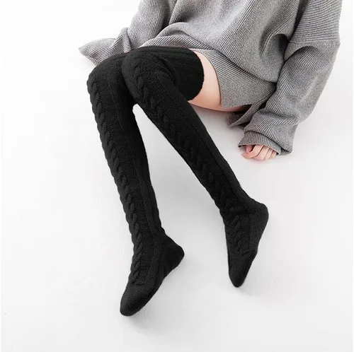 Vista 4 de Pcavin Calcetines altos hasta el muslo para mujer, por encima de la rodilla, calcetines de punto trenzado, calentadores de piernas largos y cálidos