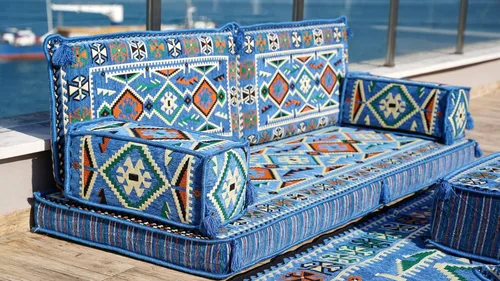 Vista 4 de arabicsofa Sofá Tradicional Árabe para Piso – Juego de Cojines Modulares para Sala de Estar Azul