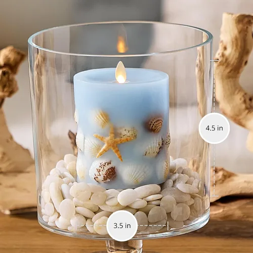 Vista 6 de Luminara Vela LED sin llama, de cambray suave, incrustada en concha y estrella de mar, pilar de llama móvil, cera real sin perfume con borde