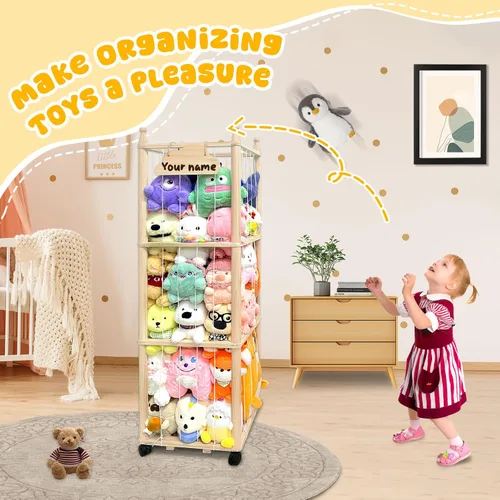 Vista 7 de Pmbqifay Organizador de animales de peluche, lindo animal de peluche de madera para almacenamiento de zoológico, jaula de juguetes de peluche