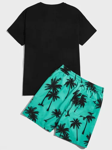 Vista 2 de SOLY HUX Conjunto de 2 piezas para hombre con estampado gráfico de letras, camiseta de manga corta y pantalones cortos con cordón en la cintura