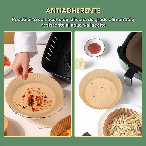 Vista 4 de Forro de papel para freidora de aire, material no blanqueado y biodegradable, papel de pergamino desechable antiadherente para freír, hornear, asar