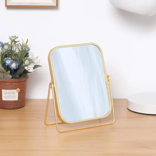 Vista 4 de Espejo de maquillaje de mesa dorado, espejo de tocador cuadrado de doble cara, espejo de escritorio para baño casero