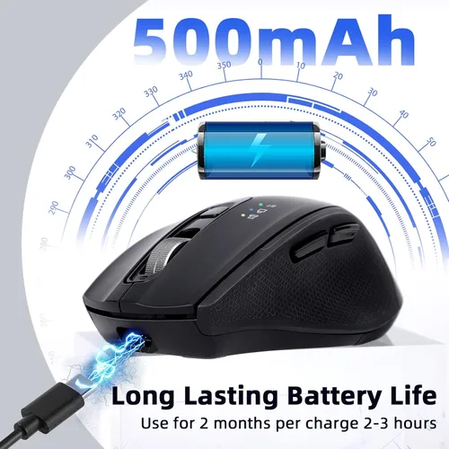 Vista 4 de Mouse inalámbrico Bluetooth con USB-A, receptor USB-C, recargable, 3 dispositivos, tamaño completo, clic silencioso, mouse ergonómico para Negro