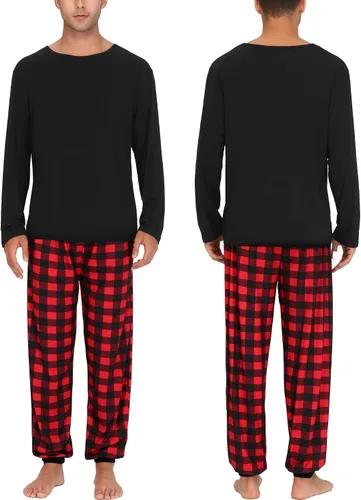 Vista 4 de SWOMOG Conjunto de pijama a juego para hombres, mujeres y niños, para familia, parejas, ropa de dormir de manga larga, pantalones a rayas a cuadros