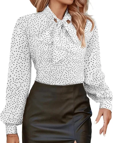 Vista 9 de Avanova - Camisas de manga larga abullonada con cuello de lazo para mujer, blusas casuales de trabajo
