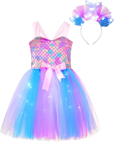 Vista 3 de MSemis Lighting Up - Disfraz de sirena de cumpleaños para niñas pequeñas, vestido de tutú metálico con diadema