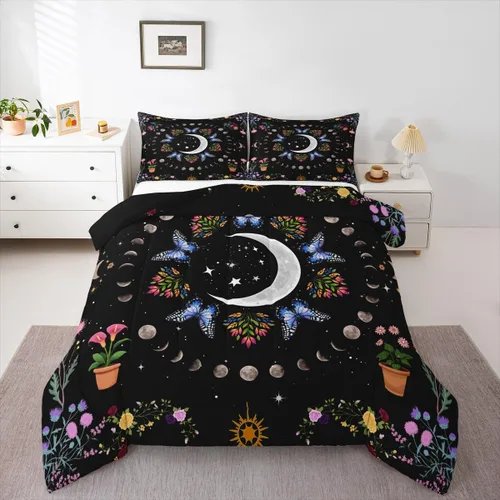 Vista 14 de Juego de edredón de polilla de la muerte, juego de ropa de cama tamaño individual, diseño de calavera gótica, flores botánicas, juego de edredón