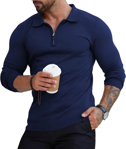 Vista 12 de RQP Camisas polo con cremallera para hombre, camisas casuales de punto de manga corta/larga, camisas de golf elásticas ajustadas, suéter suave