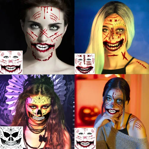 Vista 6 de 5 hojas de tatuajes faciales aterradores de Halloween + 1 hoja de tatuaje de cicatrices falsas, tatuaje de boca sangrienta, maquillaje de zombi